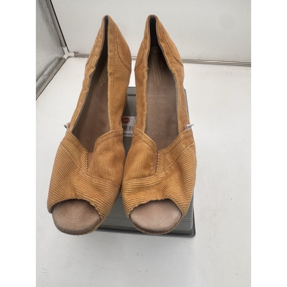 TOMS Women's Size 11W Camel Corduroy Peep Toe Wedge Heels Boho Fall Retro Shoes